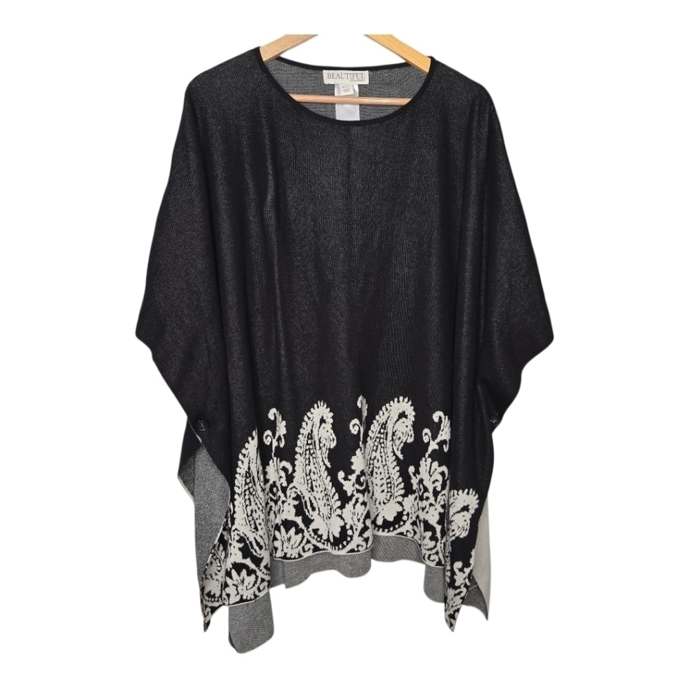 Beautiful By Lawrence Zarian Womens Black Paisley Knit Artisian Poncho XS / S